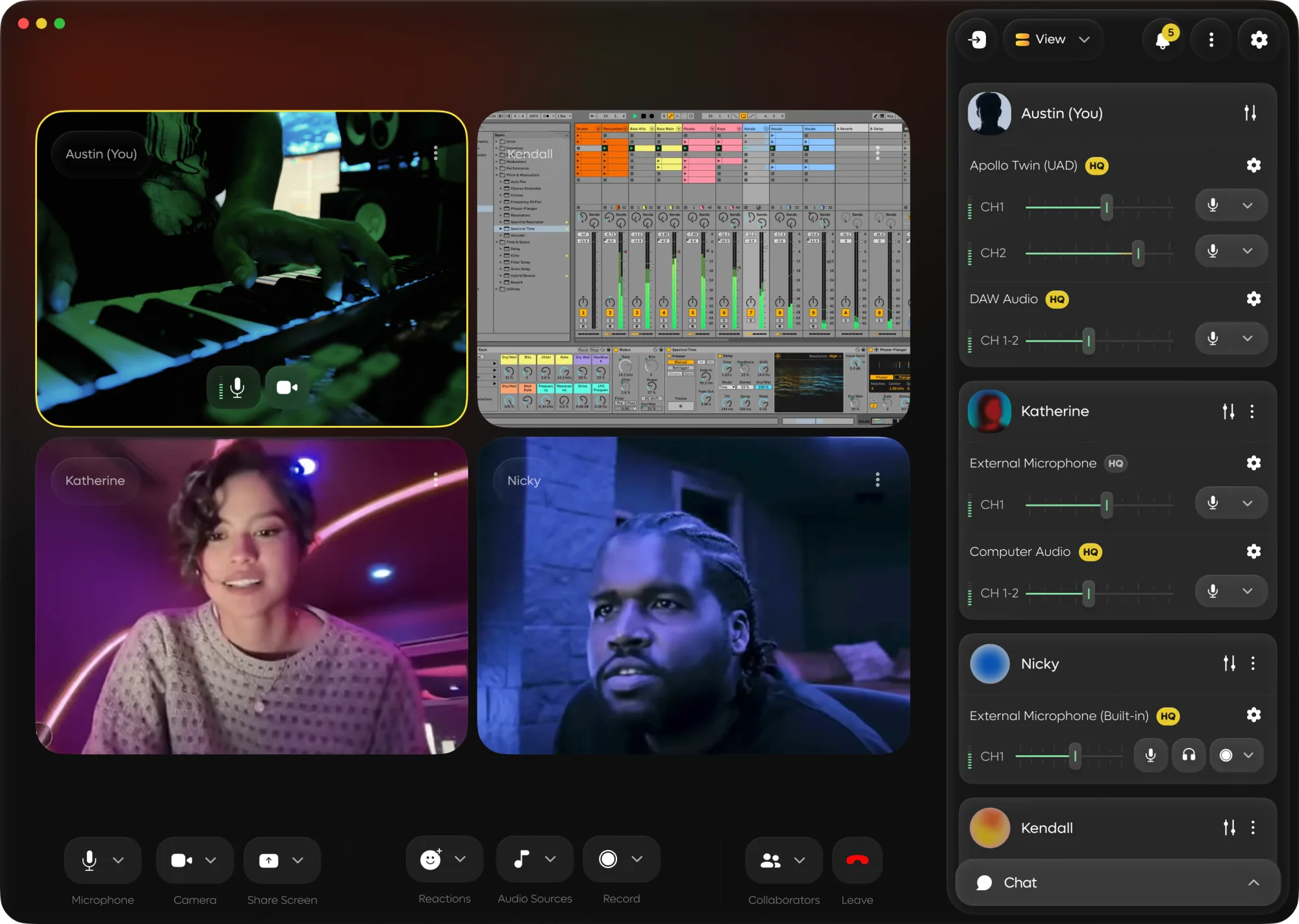 A Muse session with four collaborators and the mixer panel